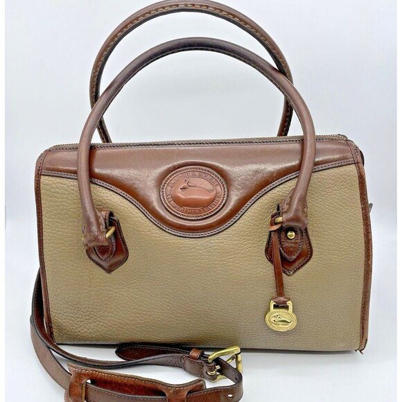 Dooney & Bourke All Weather Leather Boston Satchel Bag Taupe Burnt Cedar Vtg 80s